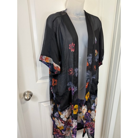 Rachel Zoe Black Floral Sheer Duster Cardigan Kimono One Size Boho Festival Chic - Picture 6 of 9